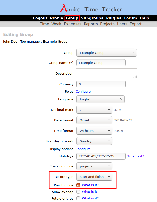 Enabling Punch mode in Time Tracker