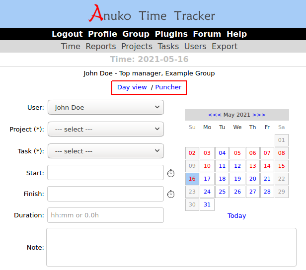 Navigation bar with Puncher link on Time page