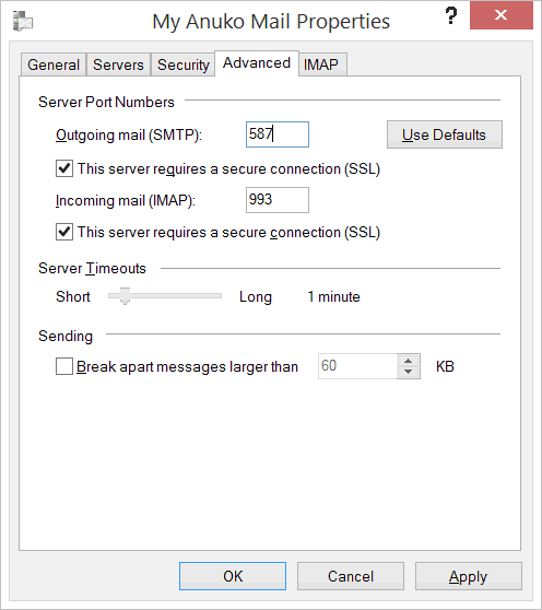 Advanced tab for Windows Live Mail account - preferred outgoing port 587