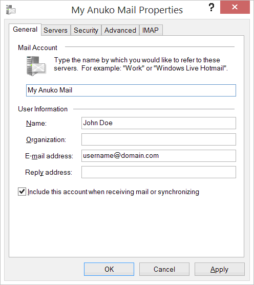 Windows Live Mail account properties - General page