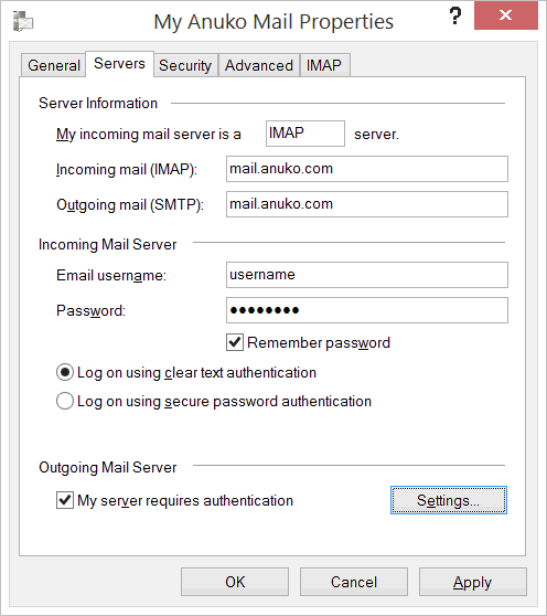 Windows Live Mail account properties - Servers page