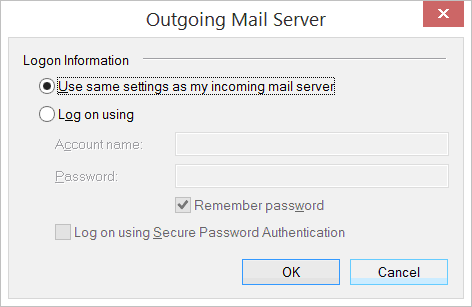 Outgoing Mail Server settings