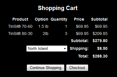 Shopping cart presentation example - shipping methods are hidden in a dropdown