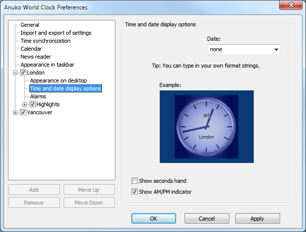 DLG_PageClockFormats dialog for an analog clock