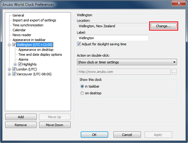 Changing clock location / time zone in Preferences