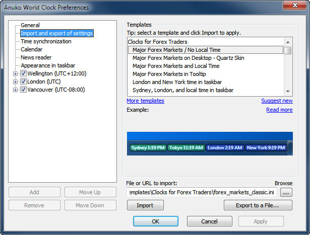 Import and export of settings page in World Clock Preferences