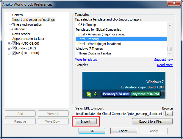 Click the Import button to import clock settings from a template