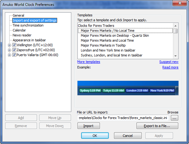 Import and export of settings page in World Clock Preferences