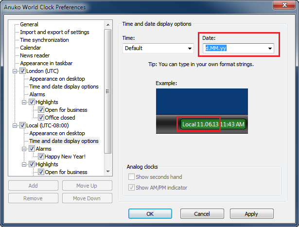 World Clock date format example