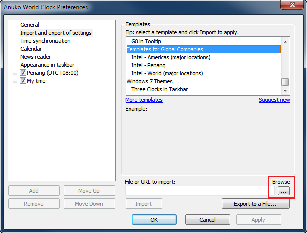 Click on the Browse button to import clock settings from a file