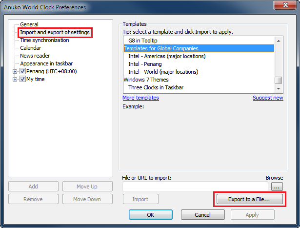 Use the Export to a File... button to export clock settings to a file