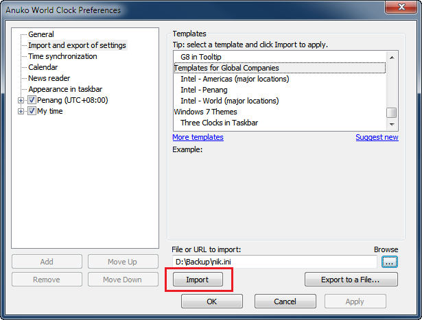 Use the Import button to import clock settings from a file