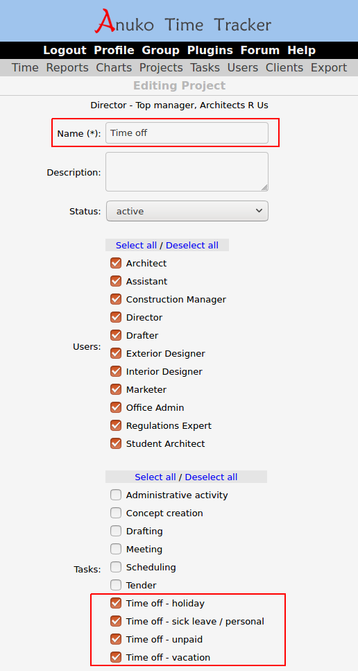 Associate projects with tasks in architecture bureau / office when time tracking
