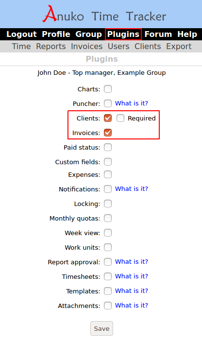 Enabling the Invoices plugin in Time Tracker for use with billable flag