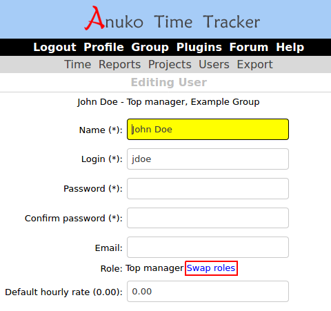 Changing roles in Time Tracker using the swap roles feature
