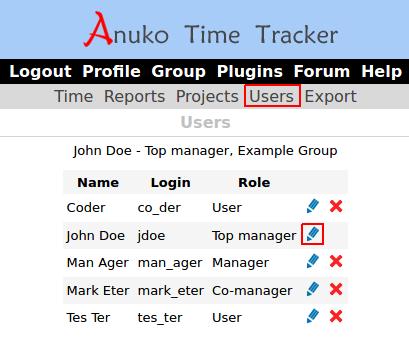 The swap role link is located on the edit user page in Time Tracker
