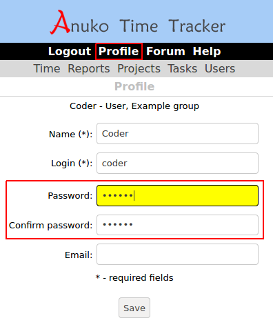 Changing own password on the Profile page in Time Tracker