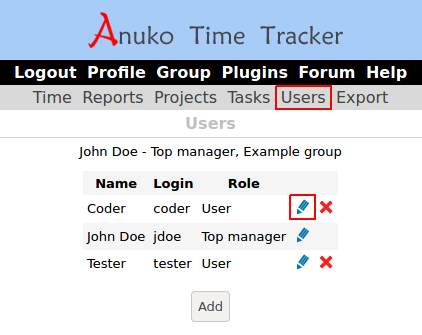 Changing password for group members of the Users page in Time Tracker