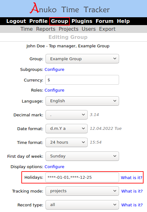 Providing holiday specification on the Group tab in Time Tracker