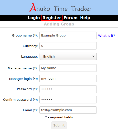 Register in Time Tracker in order to use it