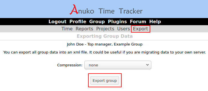 Login as group manager and use the Export tab to export group data to an XML file