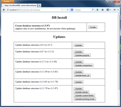 DB Install page in Time Tracker
