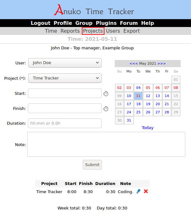 Create a project using the Projects tab to start tracking time