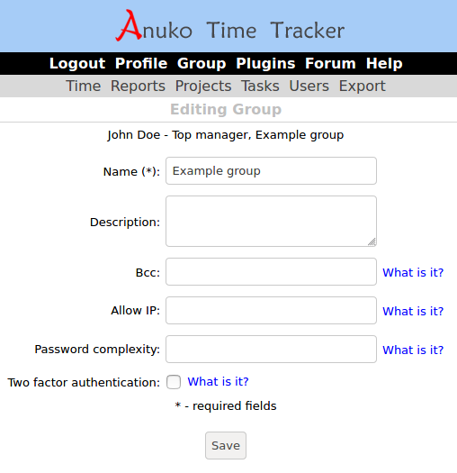Configure various options such as Bcc or Allow IP on the Advanced group settings page in Time Tracker