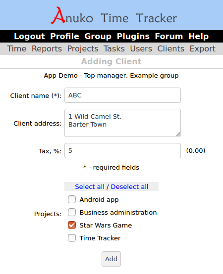 Clients in Time Tracker have name, address, tax properties and have assigned projects