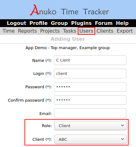 Creating an account for a client in Time Tracker