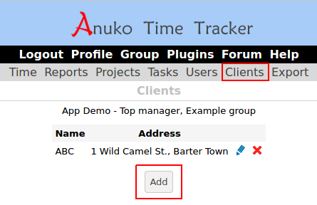 Configure clients on the Clients tab in Time Tracker