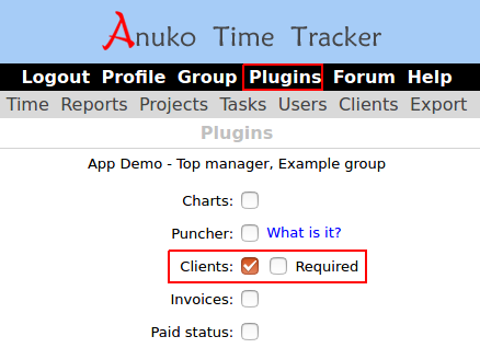 Add customer selection to work time records by turning on the Clients plugin in Time Tracker