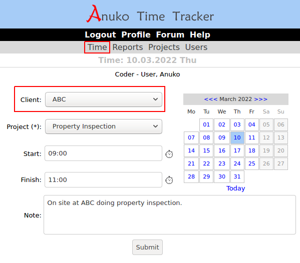 Entering work hours for customers (clients) in Time Tracker