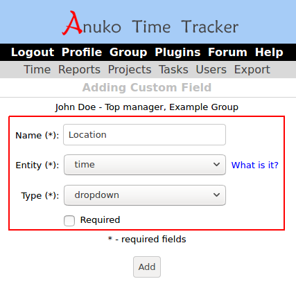 Adding a dropdown custom field for location time tracking