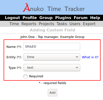 Adding a text custom field for SR&ED time tracking