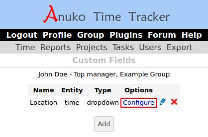 Click the Configure link to add dropdown options