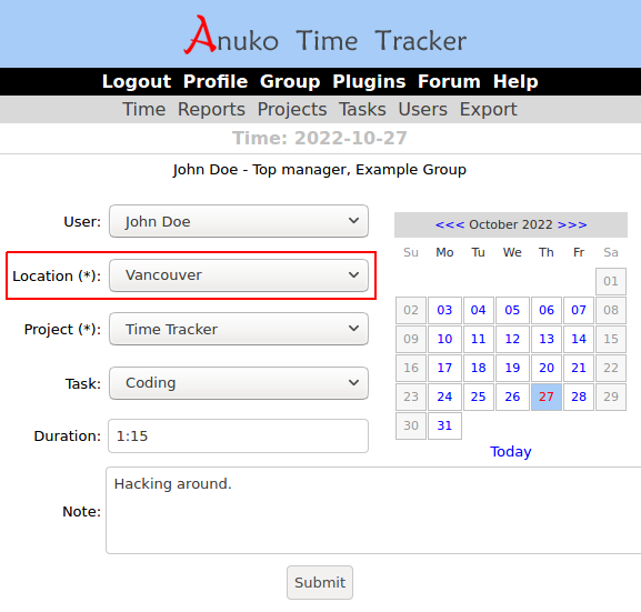 An example of a mandatory dropdown custom field on time entry page