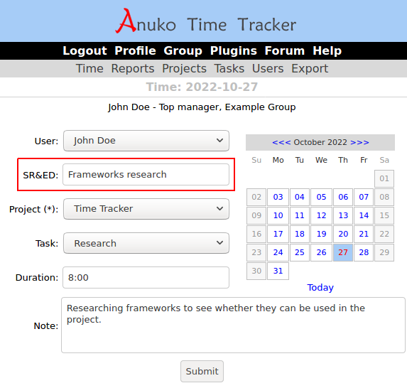An example of text custom field on time entry page
