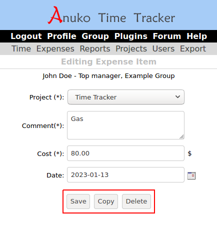 Edit expense item form in Time Tracker