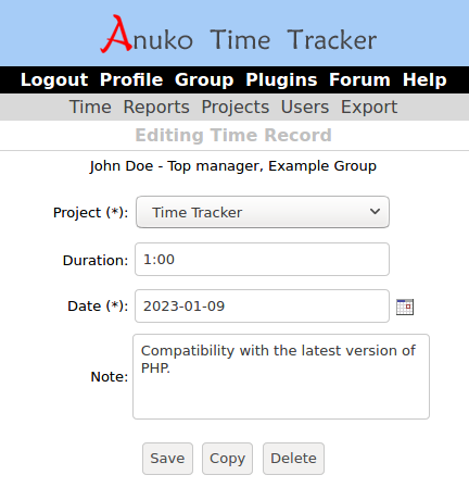 Edit record form to save, copy, or delete time entry