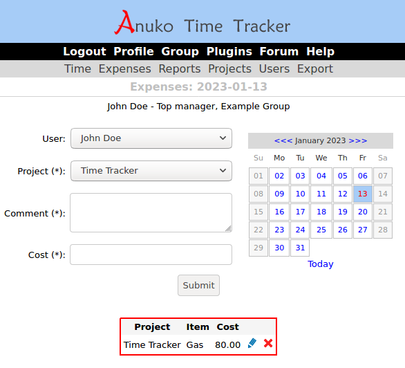 Edit and delete icons for expenses in Time Tracker