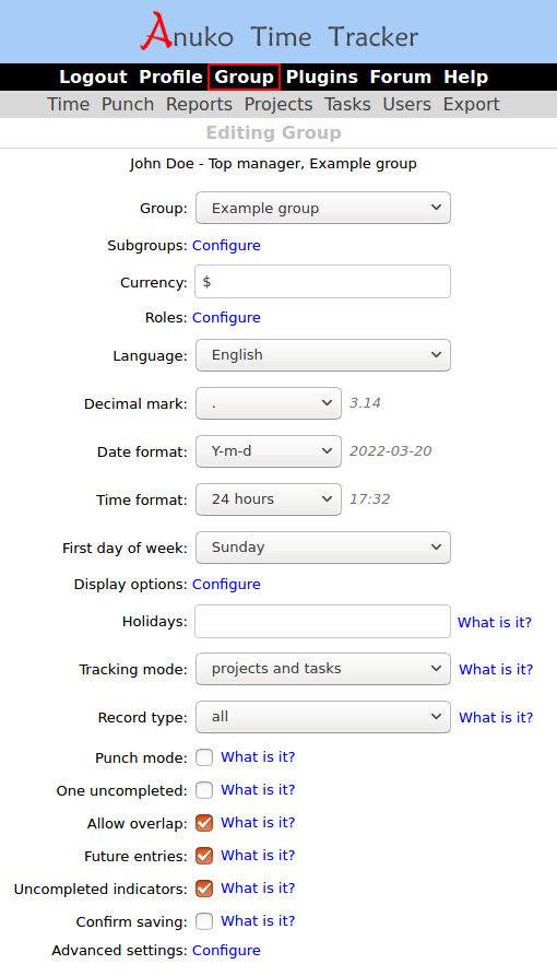 Use Group settings page in Time Tracker to adjust basic group properties such as currency or language