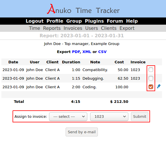 Adding an item to invoice in Time Tracker