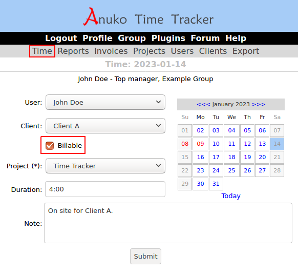 Billable checkbox on time entry page in Time Tracker