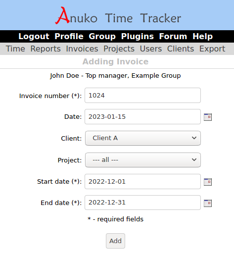 Creating a new invoice in Time Tracker