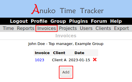 Invoices page in Time Tracker