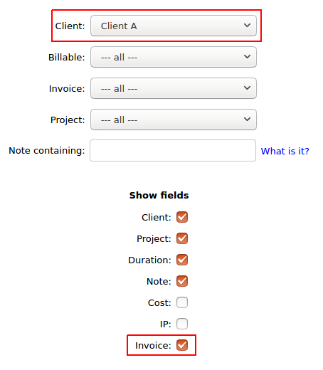 Client and invoice fields in Time Tracker report options