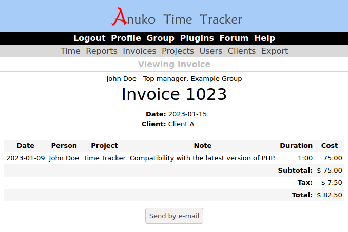 Viewing invoice in Time Tracker