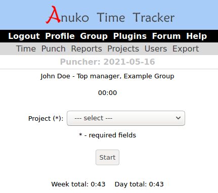 Puncher page in Time Tracker is a simple form for punching time in and out