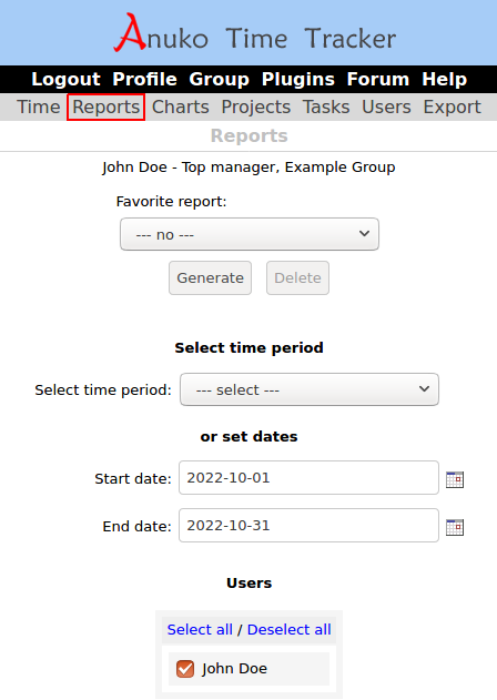 Reports page in Time Tracker